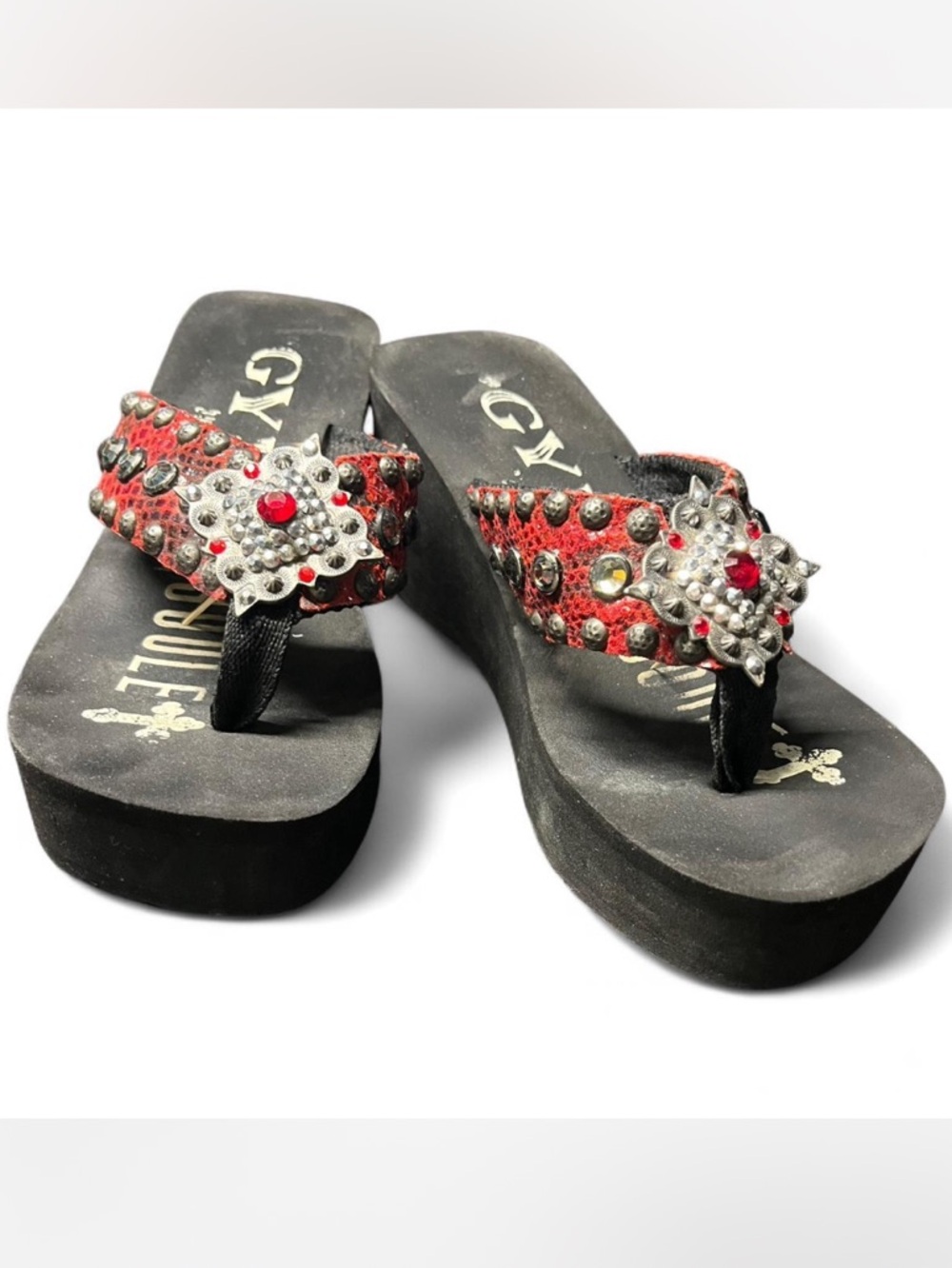 RARE Gypsy Soule Red Snake Skin Sandals with studs and crystal rhinestones, 8